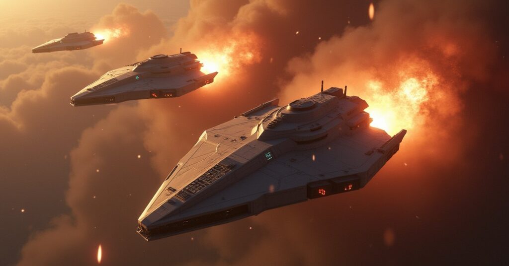 A damaged starship escaping an ambush by two alien warships through debris in Star Trek Fleet Command