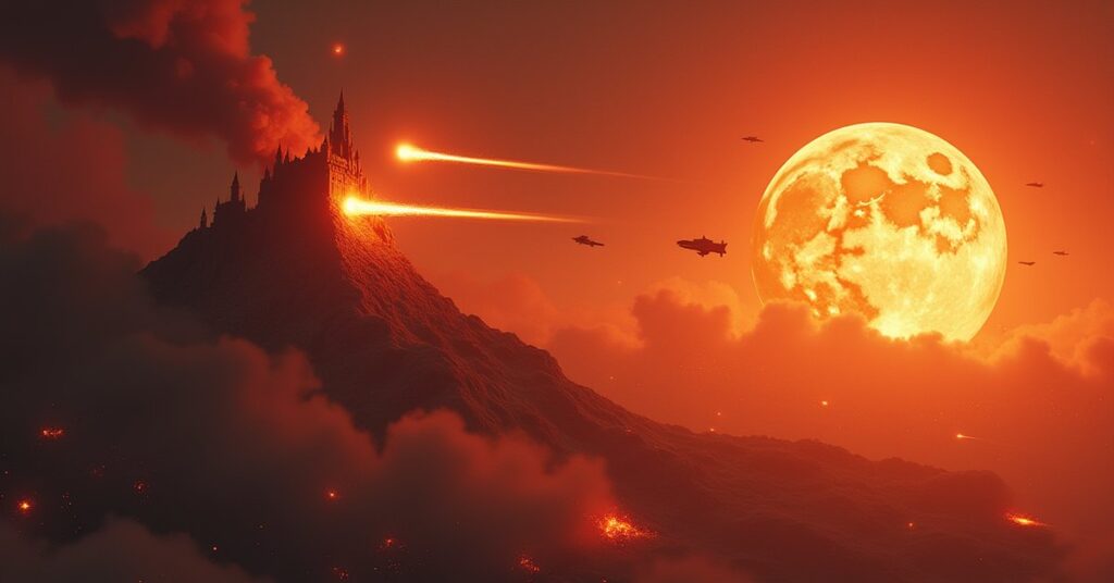 A fleet assaulting a fortified base on a volcanic moon in Star Trek Fleet Command