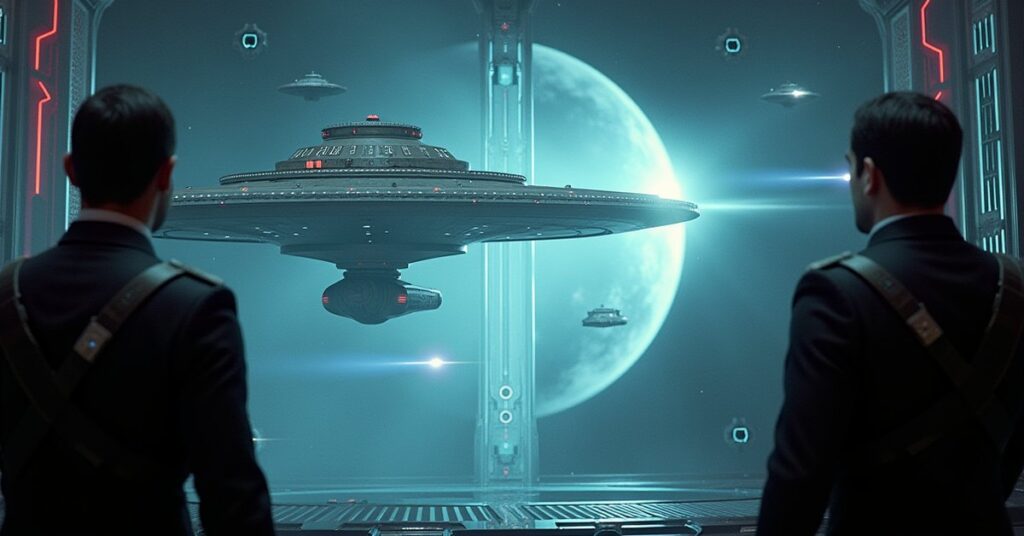 Romulan and Forsaken envoys facing each other over a holographic starship battle simulation