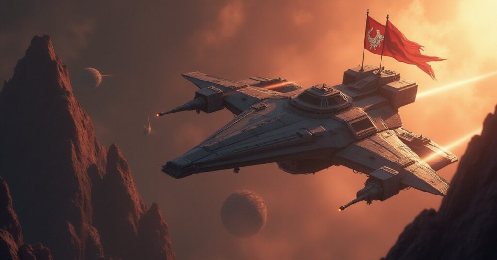 A Klingon ship with house banners facing a lone starship over a rocky planet in Star Trek Fleet Command