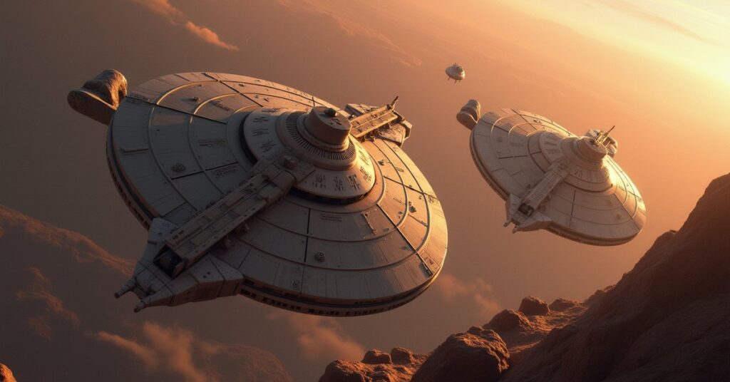 Two Klingon warships dueling above a rocky world in Star Trek Fleet Command