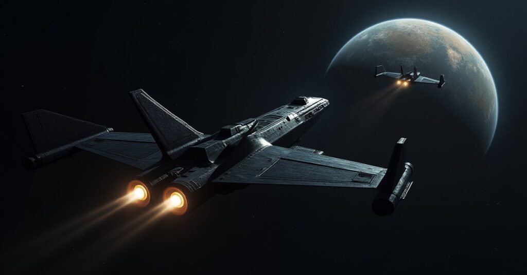 A Klingon ship fleeing a planet with a bounty hunter in pursuit in Star Trek Fleet Command