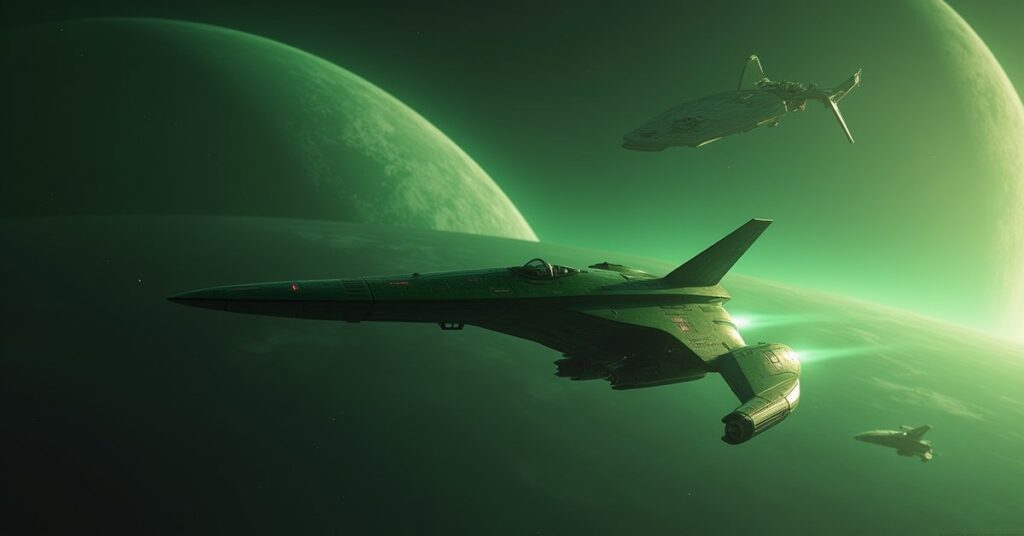 A Romulan warbird escorting a starship toward the planet Romulus in Star Trek Fleet Command