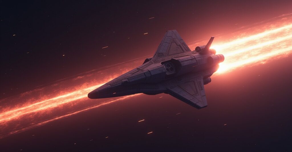 A starship racing along a glowing warp path between star systems in Star Trek Fleet Command