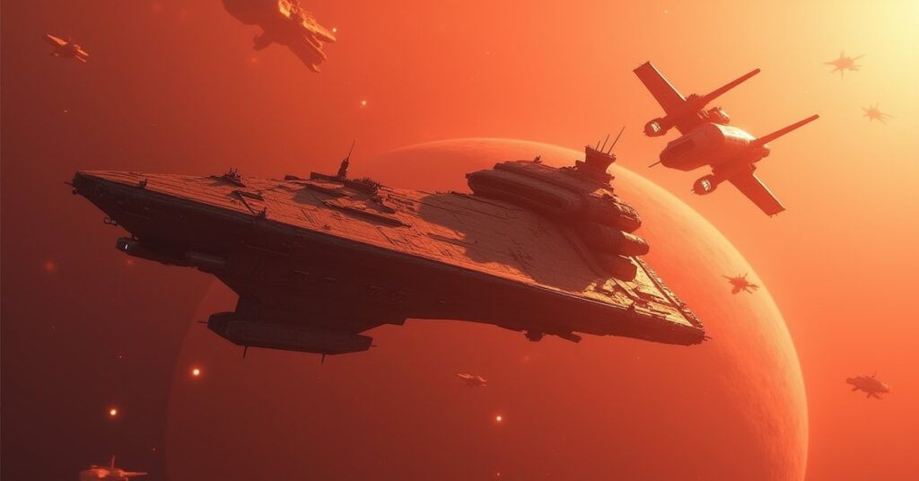 A cargo ship defending a convoy from Suliban attack craft above a red planet in Star Trek Fleet Command