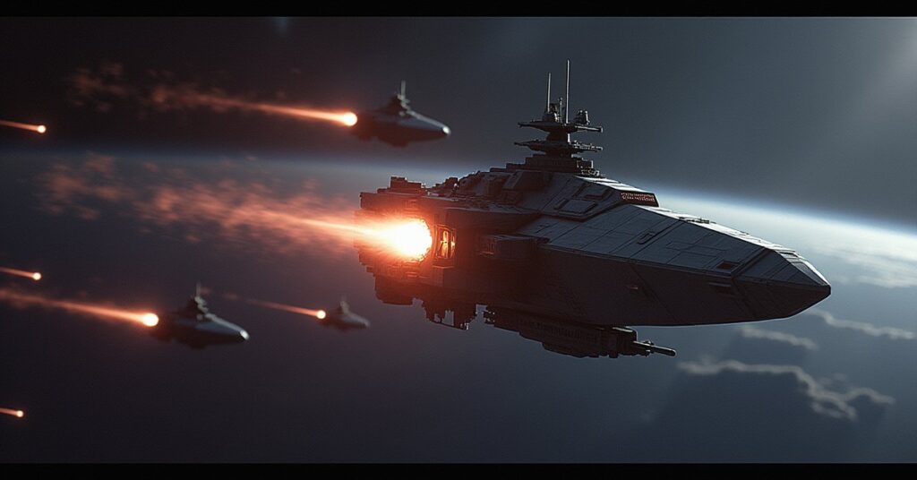 A small starter ship firing on a Rigellian destroyer in Star Trek Fleet Command