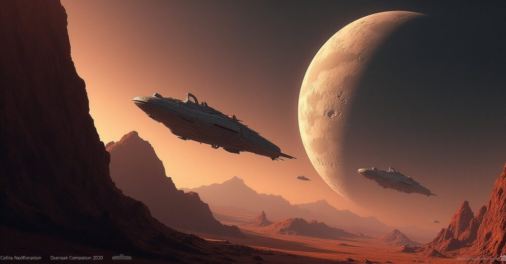 A starship escorting a diplomatic shuttle toward a rugged colony moon in Star Trek Fleet Command
