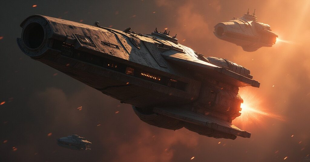 A damaged Klingon mining ship attacked by a raider near a starbase in Star Trek Fleet Command