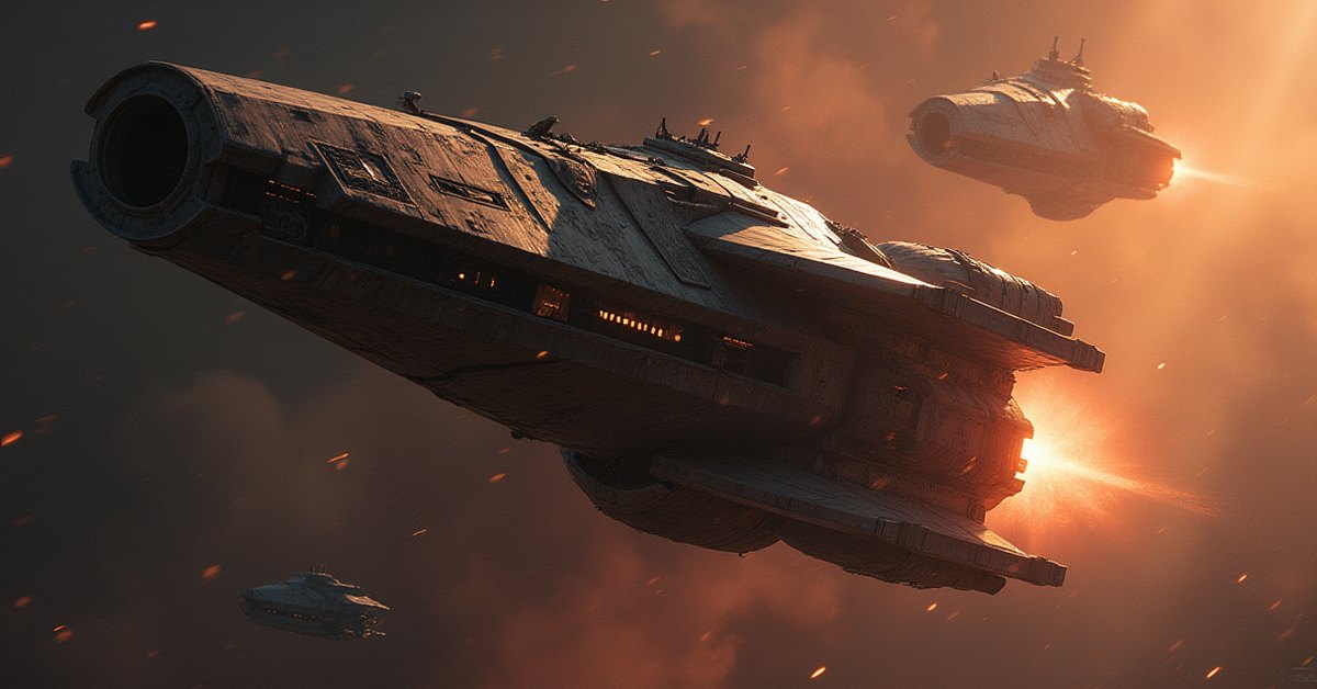 A damaged Klingon mining ship attacked by a raider near a starbase in Star Trek Fleet Command