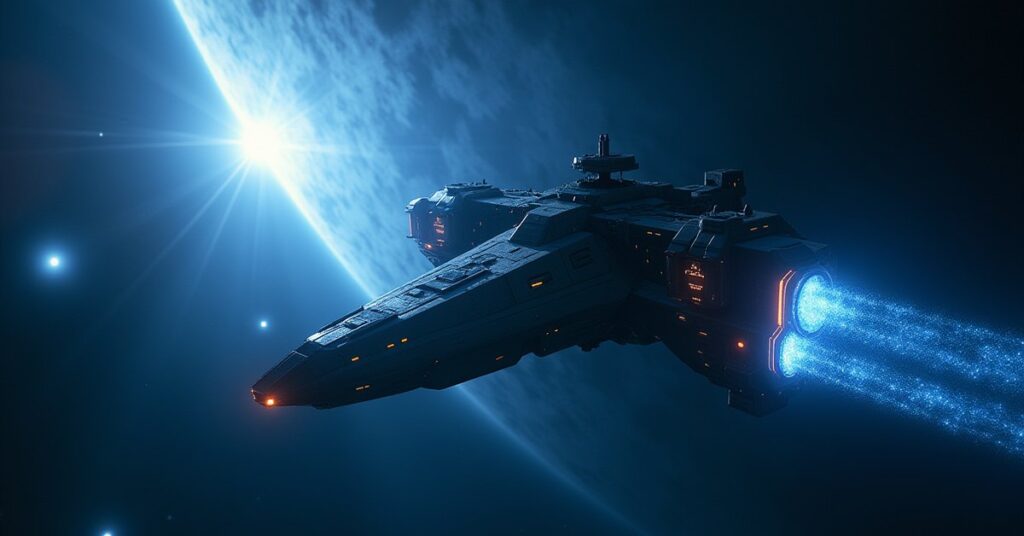 A research ship mining glowing crystals as a rogue warship approaches in Star Trek Fleet Command