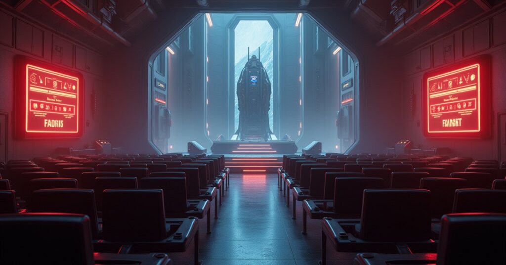 A frontier council chamber with glowing voting panels and a starship beyond tall windows