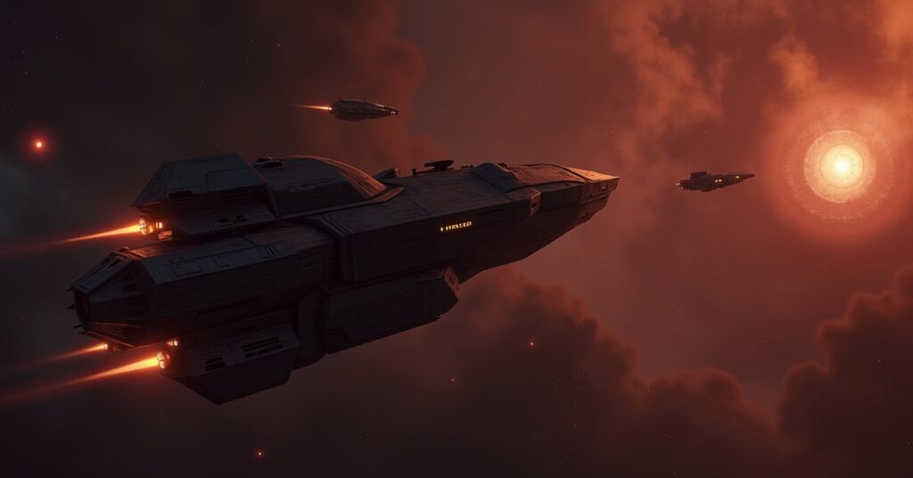 A Pakled ship meets a Federation starship as scavenger ships swoop in near a glowing space station