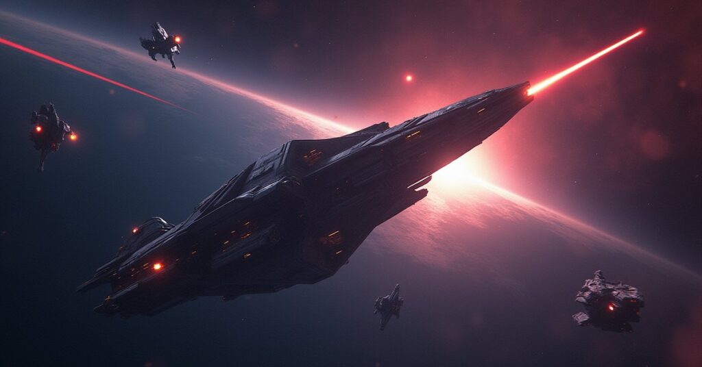 A starship crossing a rippling interdimensional rift as hostile Assailant vessels close in