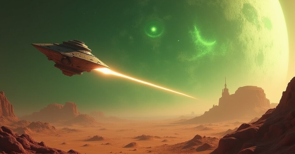 A starship attacking an Orion slaver vessel above a desert planet in Star Trek Fleet Command