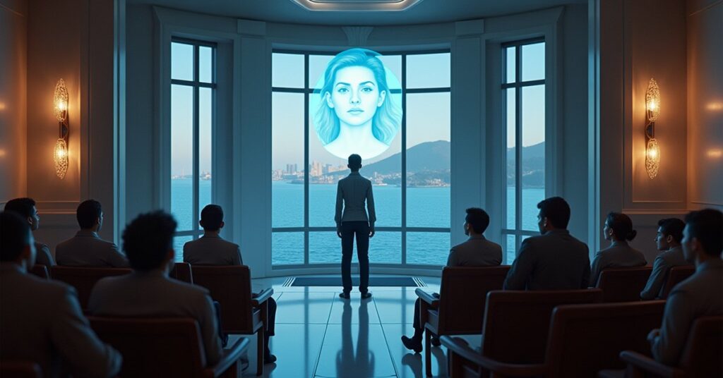 Starfleet cadets watching a pirate's hijacked hologram transmission in a Starfleet Academy hall