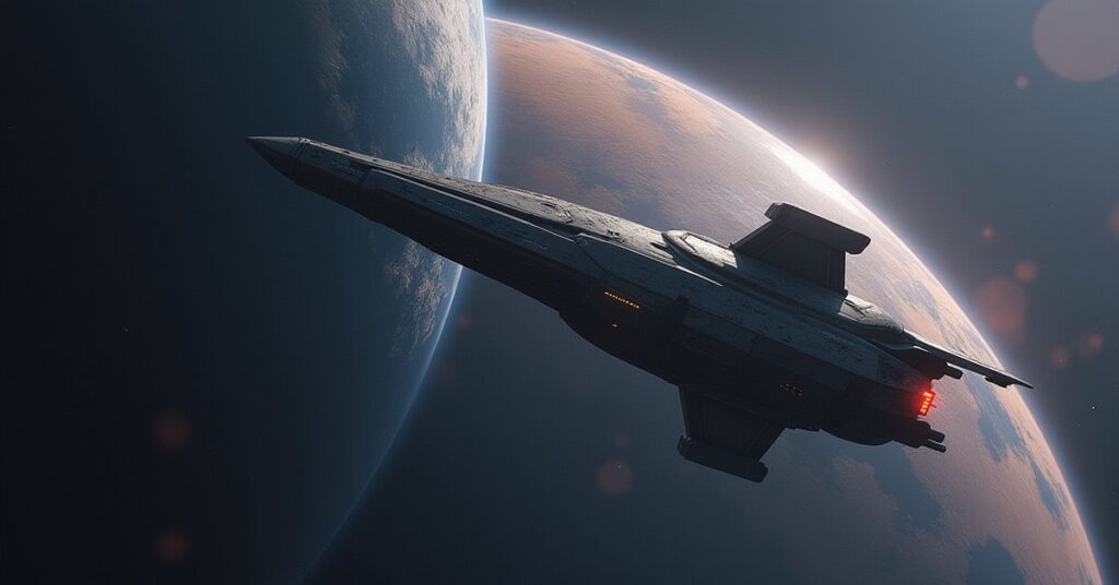 A starship planting a tracking device on another ship in orbit in Star Trek Fleet Command