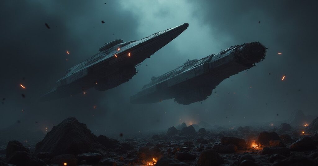 A starship firing on a Federation vessel beside smuggler wreckage in Star Trek Fleet Command