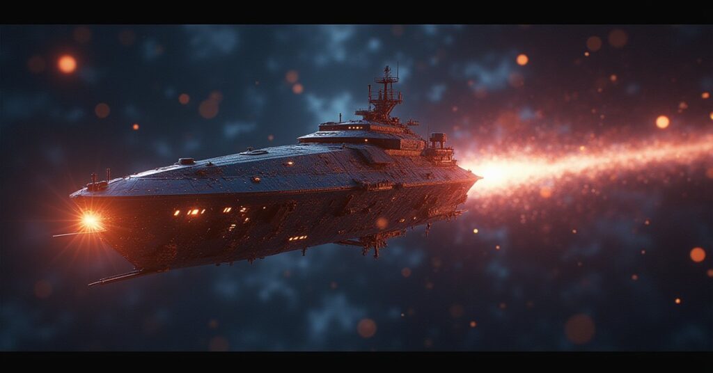 A mining ship drawing Tritanium from a node with a starship approaching in Star Trek Fleet Command