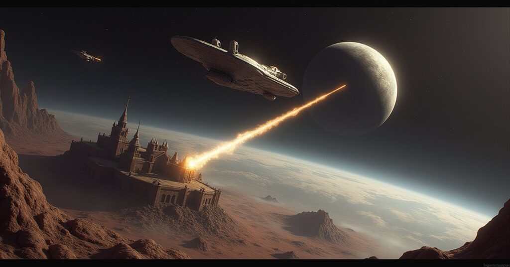 A starship defending an Immortal colony from a Romulan warbird in Star Trek Fleet Command