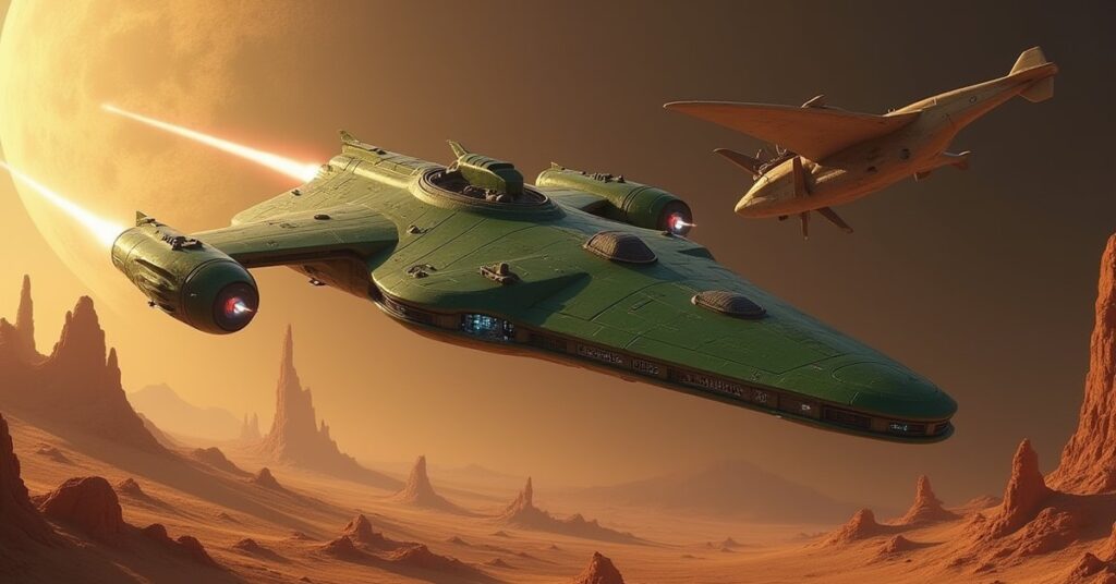A starship intercepting a Tal Shiar warship above a barren planet in Star Trek Fleet Command