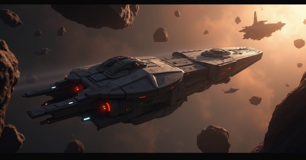 A starship shields a damaged transport ship from an approaching Romulan warship in Star Trek Fleet Command