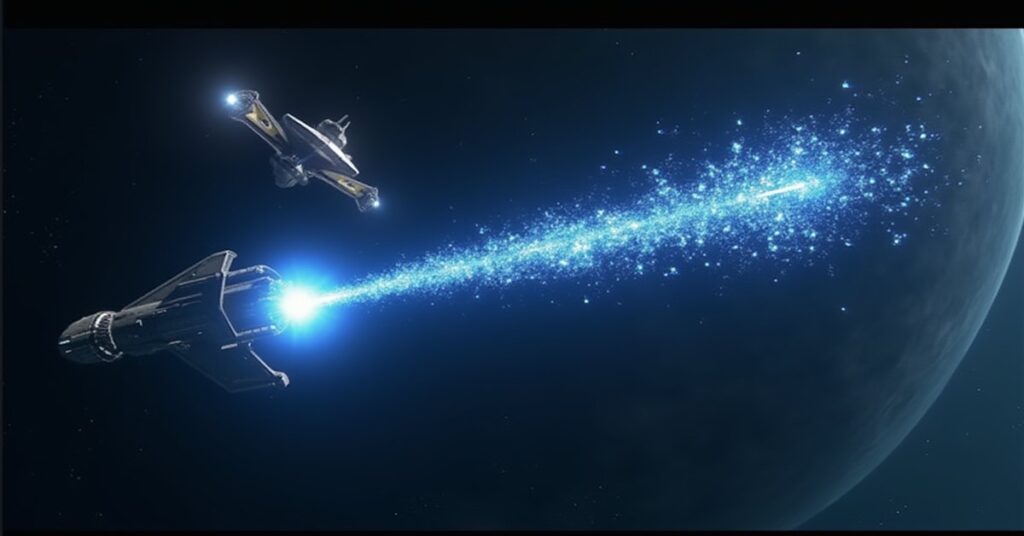 A starship hitting a Romulan flagship with an EMP blast above a planet in Star Trek Fleet Command