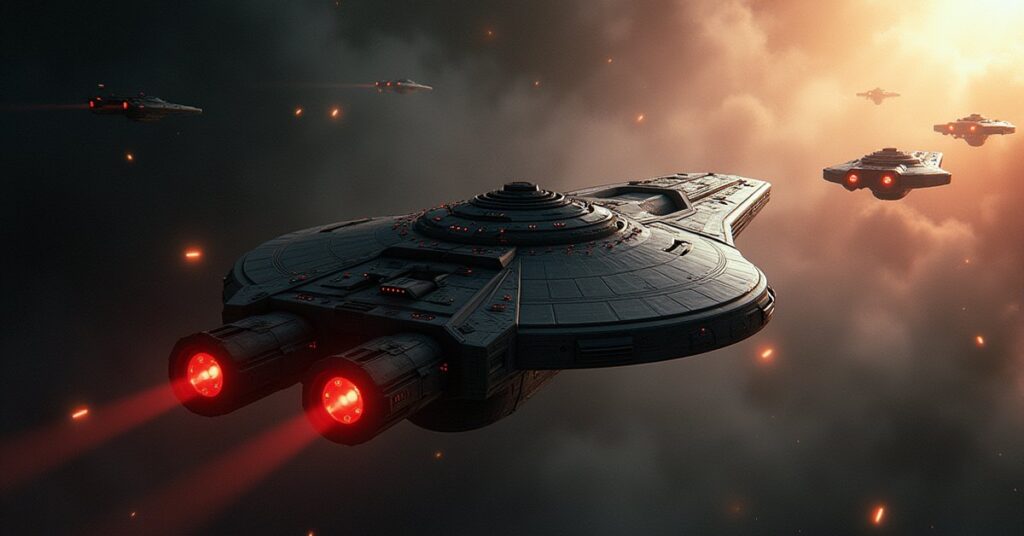 A starship ambushing a retreating Romulan fleet in the van Vlerken system in Star Trek Fleet Command