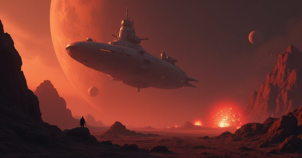 A mining ship harvesting ore near a ragged Nausicaan fleet in Star Trek Fleet Command