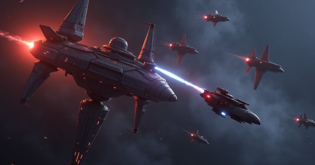 Starships fighting raider craft around a glowing space station landmark