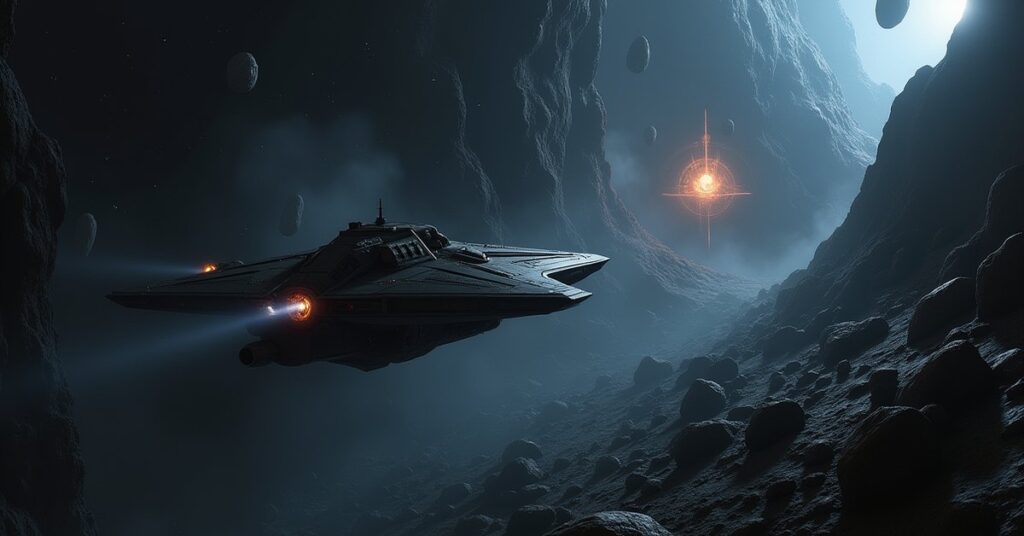 A starship weaving through asteroids toward a hidden Tal Shiar outpost in Star Trek Fleet Command