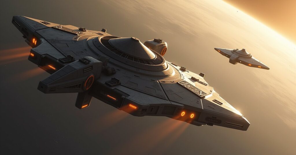 A transporter beam reaching a Romulan research station as a guard ship turns away in Star Trek Fleet Command