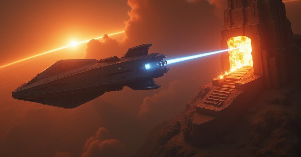 A starship rescuing captured agents from a Tal Shiar facility above Romulus in Star Trek Fleet Command