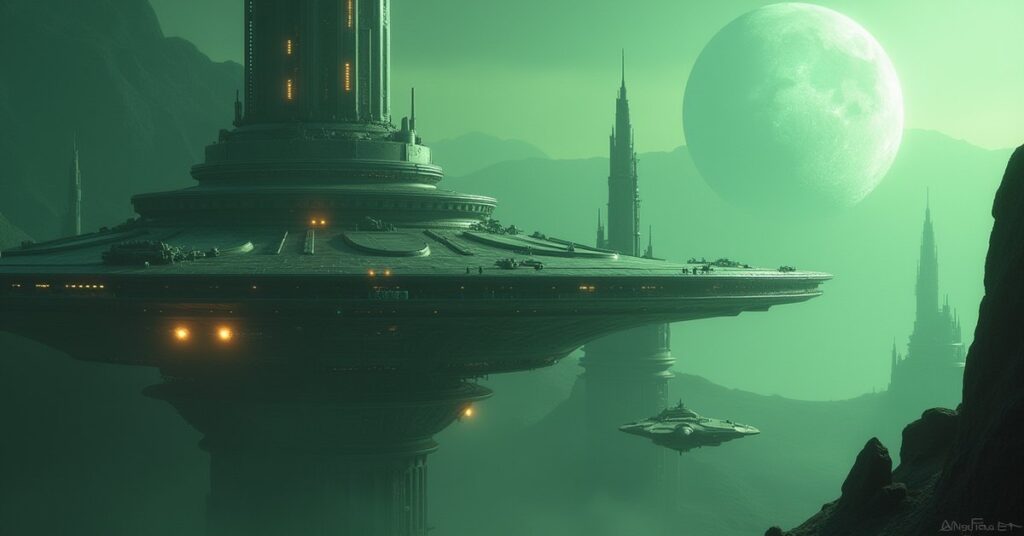 A small Starfleet ship leaving a starbase medical facility above a green alien world