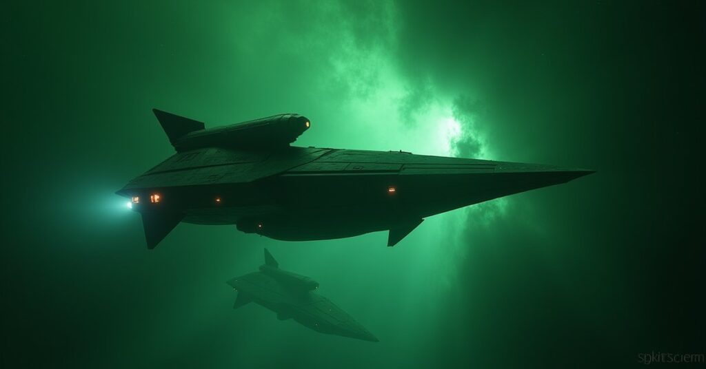 A Romulan warbird guarding a hidden laboratory in a green nebula in Star Trek Fleet Command
