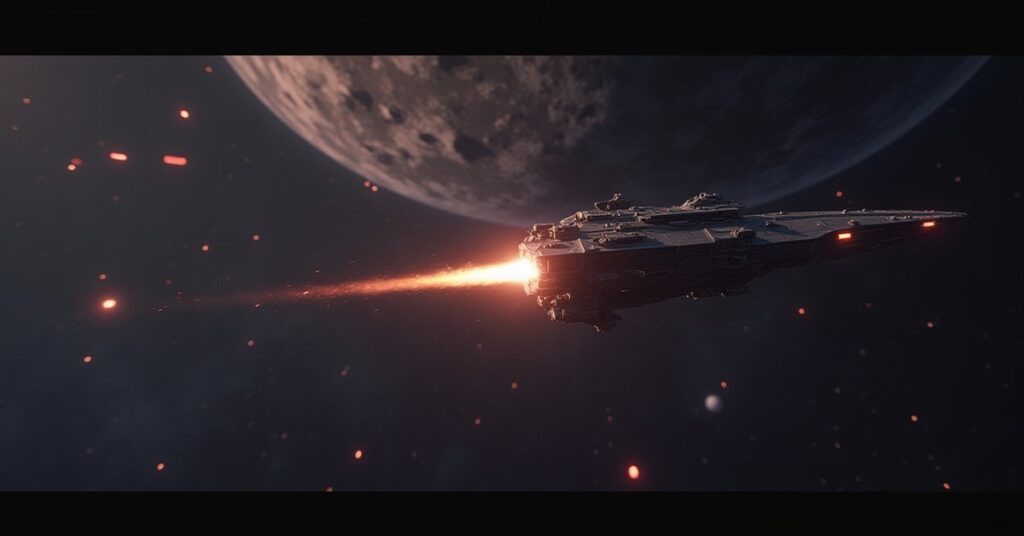 A small starter ship firing on an Orion ship in Star Trek Fleet Command