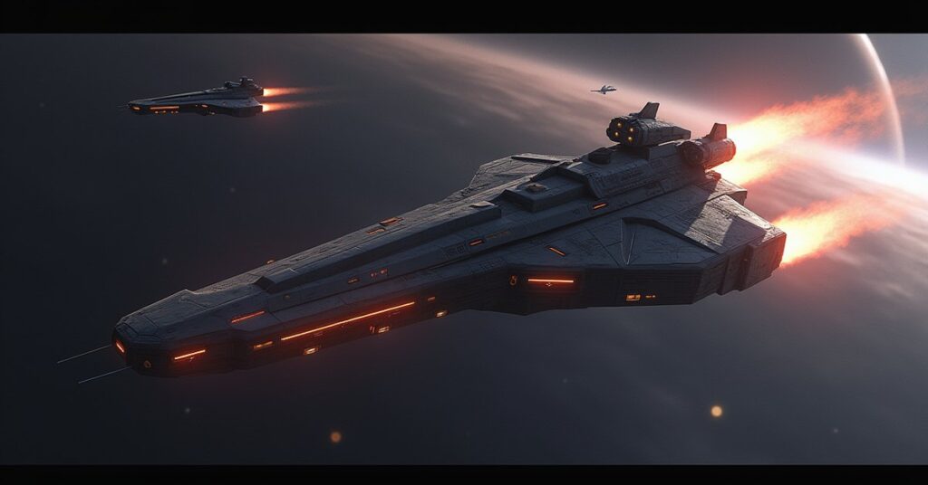 A starship chasing a small ship through an Orion system in Star Trek Fleet Command
