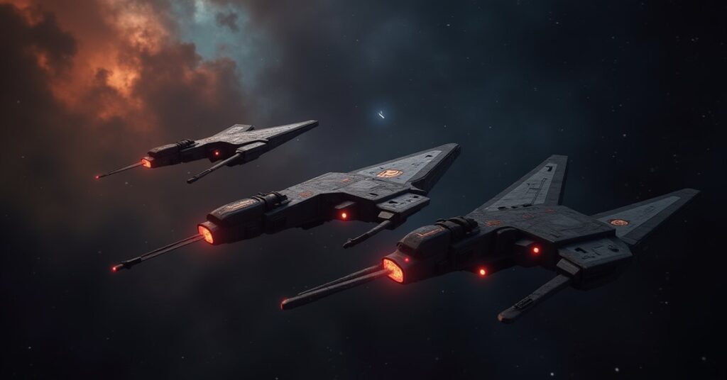 Romulan warbirds and an independent starship facing a decloaking Tal Shiar ship in Star Trek Fleet Command