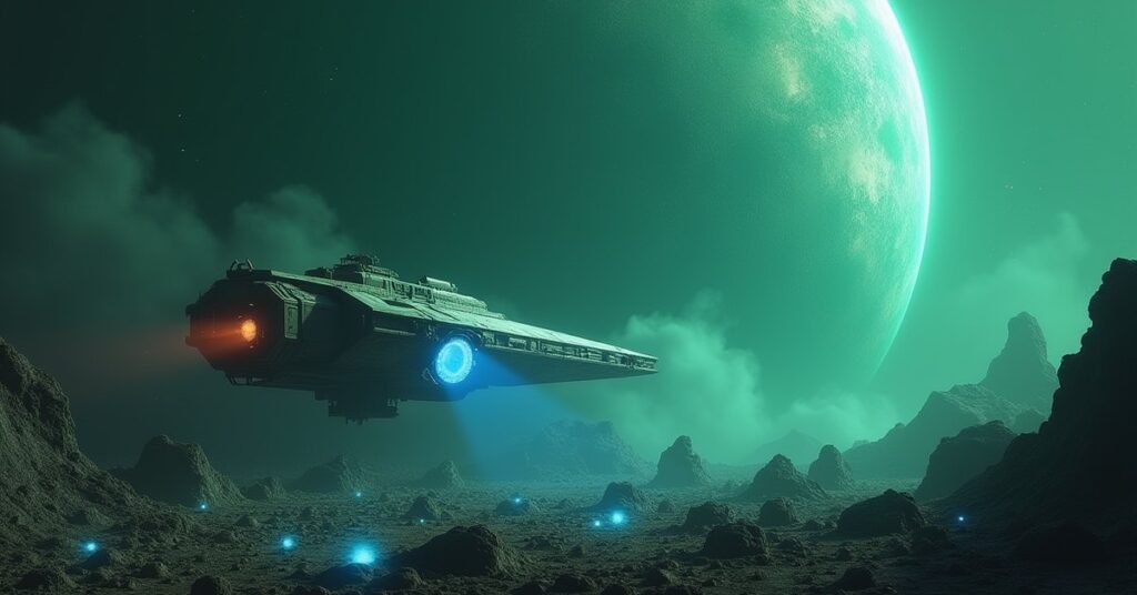 A mining ship harvesting glowing dilithium near a planet being terraformed in Star Trek Fleet Command