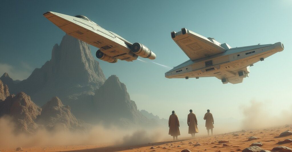 A starship dueling an unmanned drone ship over a test-site planet in Star Trek Fleet Command