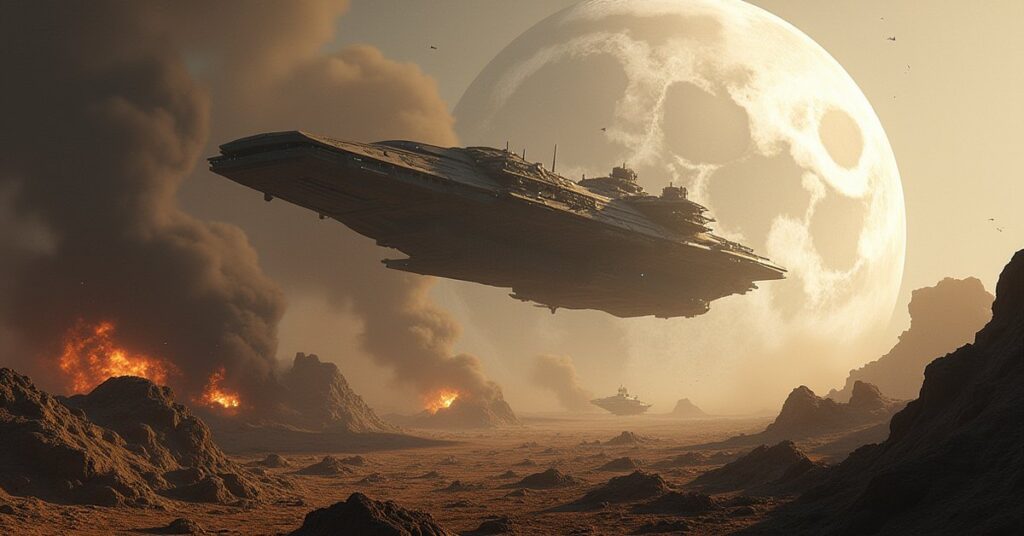 A starship investigating a damaged colony outpost after an attack in Star Trek Fleet Command