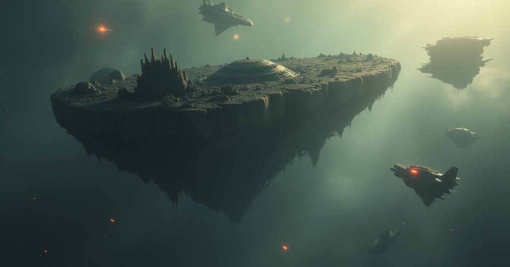An ancient Progenitor ruin in the Origin Sector with Corvallen and Suliban ships facing off