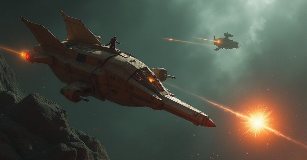 A damaged Gorn ship near a beacon as a starship fights a rebel in Star Trek Fleet Command