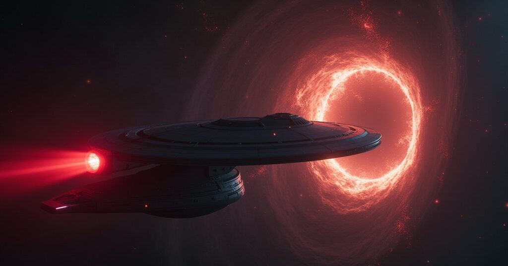 The ISS Enterprise-D emerging from a glowing interphasic rift in space