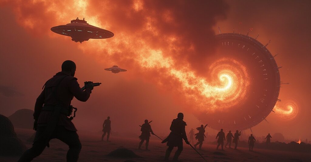 A starship holding off pirate raiders near a Klingon security outpost in Star Trek Fleet Command