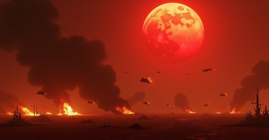 A Klingon battle group among burning wrecks under a red star in Star Trek Fleet Command