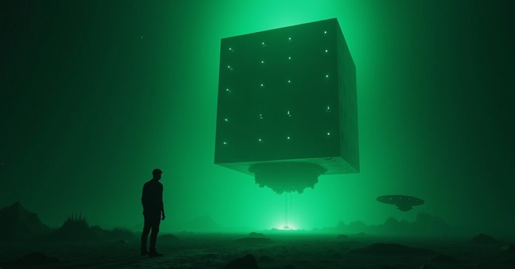A starship facing a huge Borg Cube in a dark green-lit void in Star Trek Fleet Command