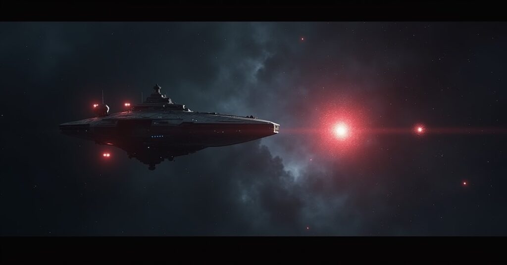A starship's sensor array glows as it picks up coded signals from ships hidden in a dark nebula