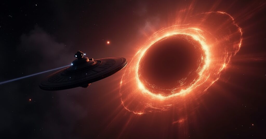 A Federation battleship approaching a glowing collapsing black hole in Star Trek Fleet Command