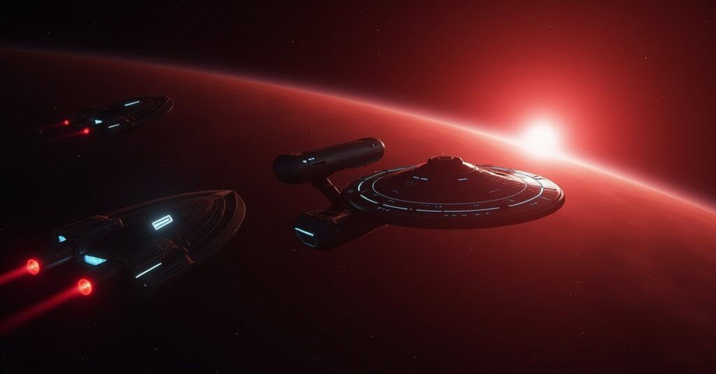 A starship fleeing a Federation cruiser toward Klingon space in Star Trek Fleet Command