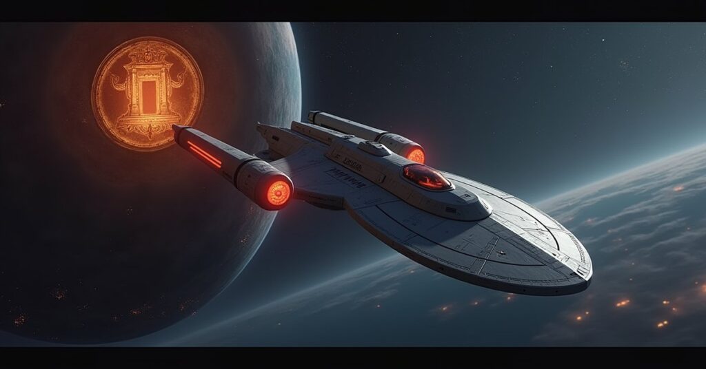 A Starfleet ship slipping through Romulan space toward a planet with an ornate art gallery